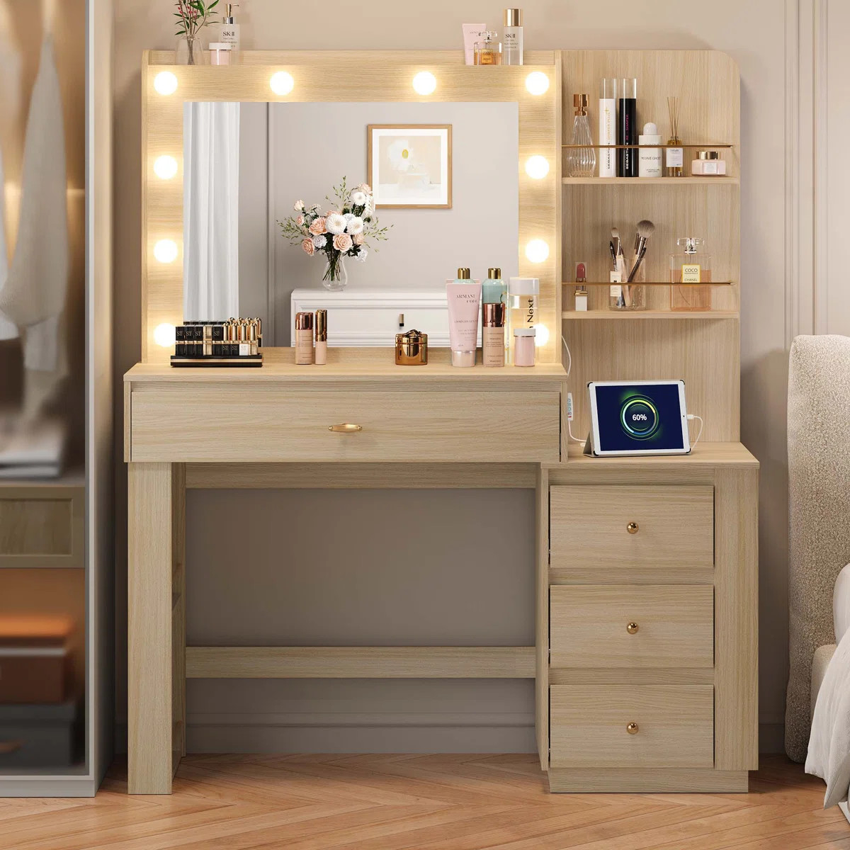 Makeup Vanity Desk With Mirror And 3 Colors Lights, Vanity Table With 10 Led Bulbs & Power Outlet... | Wayfair North America