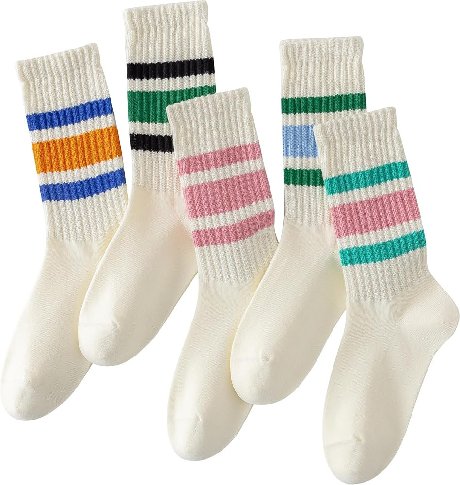 DarkCom Striped Crew Socks 5 Pairs Seamless Toe for Men and Women, Color of Light Cream, Casual C... | Amazon (US)