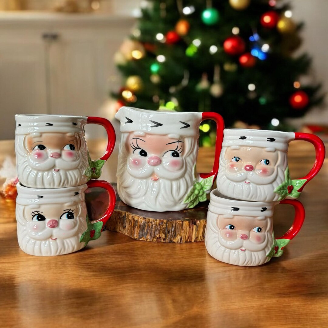Vintage 5-piece Josef Originals Set, Santa Clause Face Pitcher, Four Santa Mugs, Hand Painted, Ch... | Etsy (US)