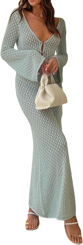 Women Crochet Knit Cover Up Maxi Dress Y2K Sheer Mesh Long Dress Sexy Backless Bikini Bathing Sui... | Amazon (US)