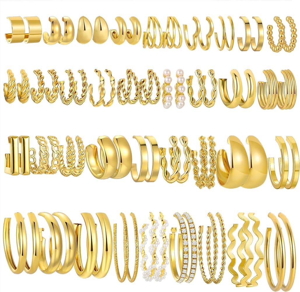 36 Pairs Gold Hoop Earrings Set for Women, Chunky Gold Earrings Multipack, Trendy Hypoallergenic ... | Amazon (US)