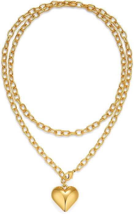 CLASSYZINT Gold Heart Pendant Necklace for Women Puffy Heart Necklace Beads Chain Necklace Statem... | Amazon (US)