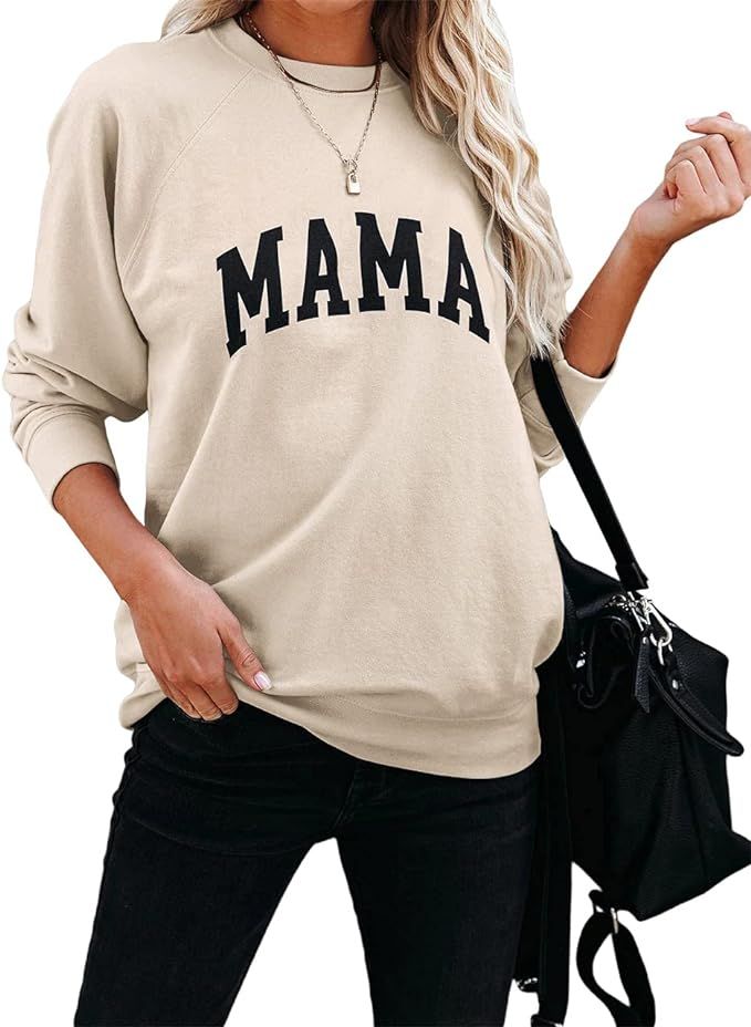 Dressmine Women's Long Sleeve Crewneck Sweatshirt Mama Letter Print Graphic Shirts Pullover Tops | Amazon (US)