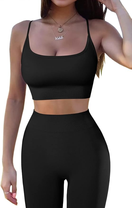 QINSEN Women 2 Piece Workout Outfits Sports Bra Seamless Leggings Yoga Gym Activewear Set | Amazon (US)
