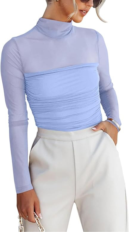 REORIA Women’s Trendy Sexy Mock Turtle Neck Long Sleeve Sheer Mesh Ruched Going Out Bodysuits T... | Amazon (US)