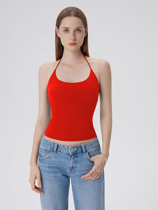 SUUKSESS Halter Tops for Women Tank Tops with Built in Bras Double Lined Backless Top Y2K Going O... | Amazon (US)