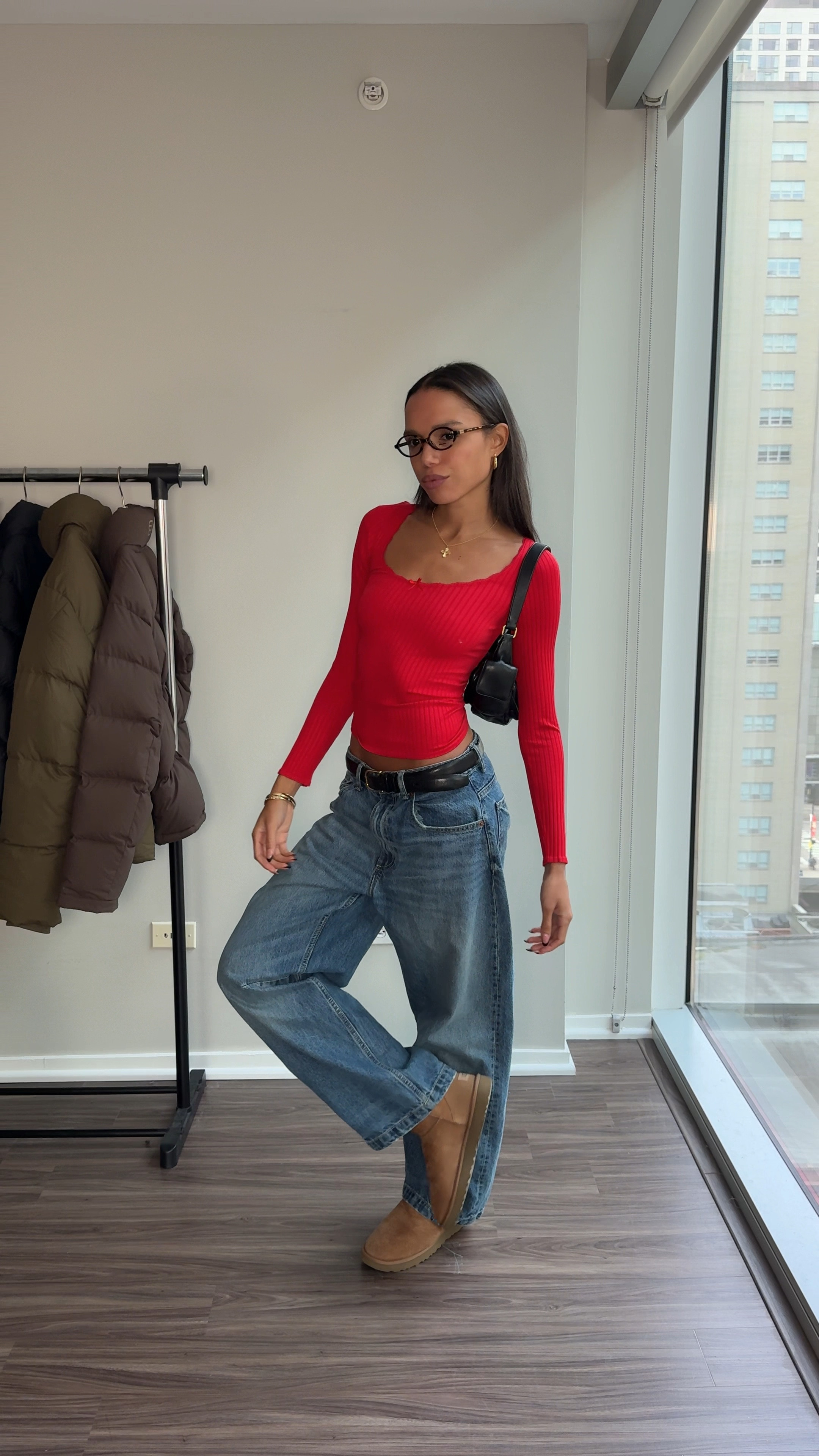 Exact products: 
Jeans - Zara (8197/245)
Top - Zara (5063/838/600)
Shoes - Ugg
Bag - Miu Miu
Glasses - Miu Miu 