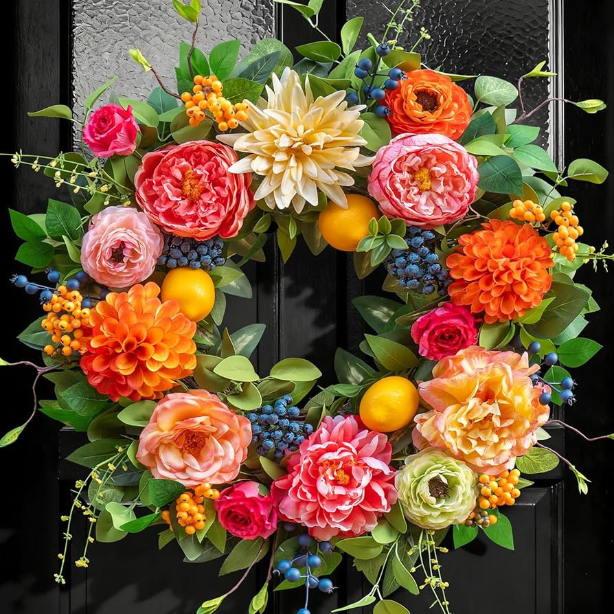 Spring Wreaths for Front Door Outside,24 Inch Summer Wreath with Peony, Dahlia, Hydrangea, Faux L... | Amazon (US)
