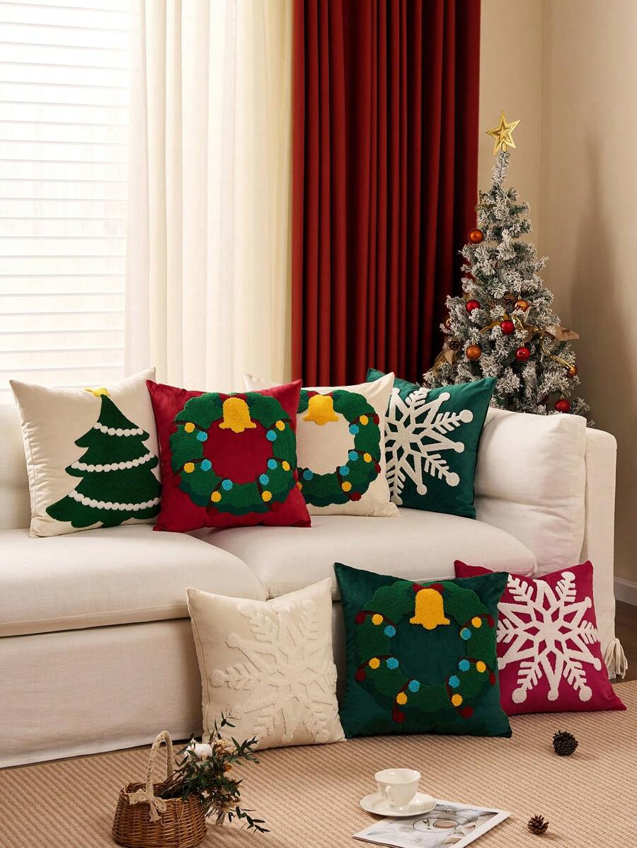 1pc Christmas Cream Wreath Cushion Cover, Snowflake Embroidered Plush Fabric For Living Room Sofa... | SHEIN