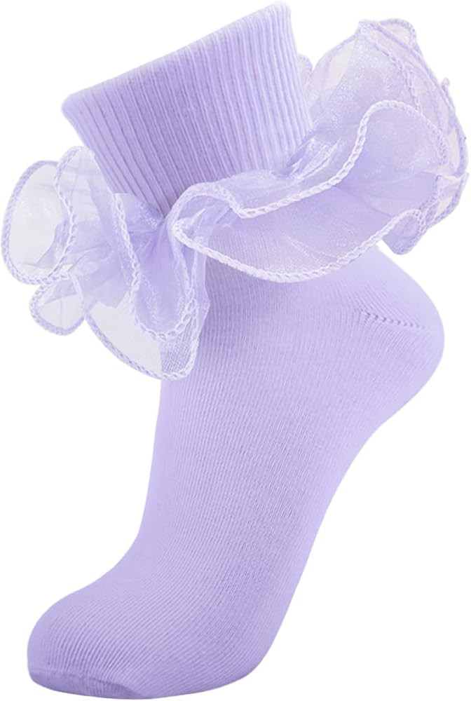 Women Big Ruffle Ankle Socks Adult Double Lace Frilly Socks Fold Cuff Cotton Ruffled Dress Crew B... | Amazon (US)