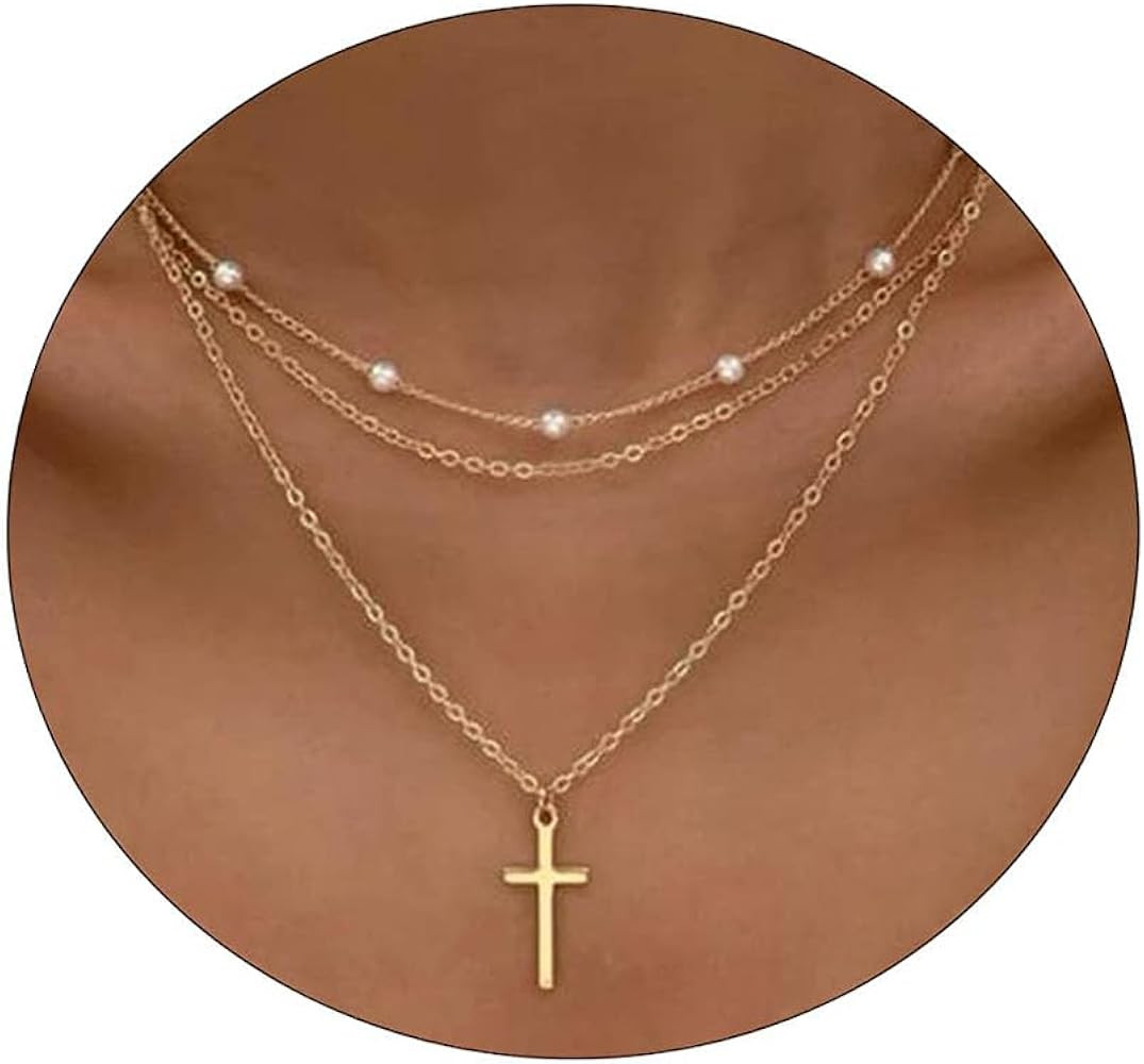 Tasiso Cross Necklace for Women 14K Gold Plated Dainty Layered Cross Paperclip Chain Choker Neckl... | Amazon (US)