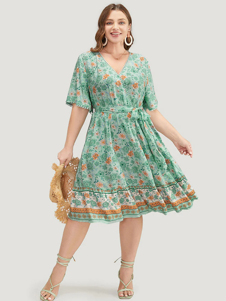 Bandana Print Pompom Trim Pocket Flutter Belted Wrap Dress | Bloomchic