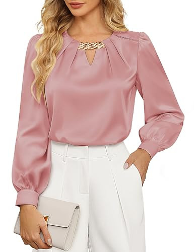 Women Long Sleeve Blouses, Light Pink Dressy Casual Satin Tops, Plus Size Satin Blouses for Women XXL | Amazon (US)