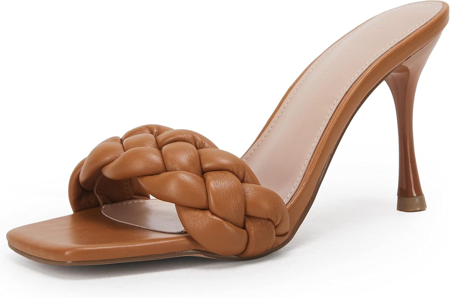 Ermonn Womens Square Open Toe Heeled Sandals Braided Stiletto Mule Faux Leather Slip On Quilted H... | Amazon (US)