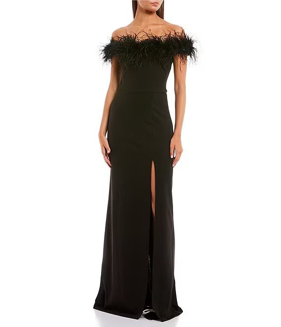 Strapless Feather Trim Front Slit Long Dress | Dillard's