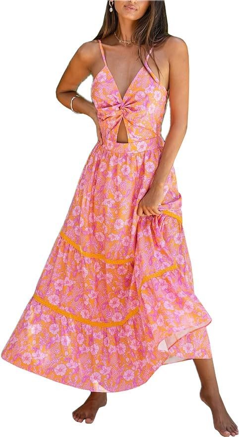 CUPSHE Women's Maxi Dress Floral Print Twisted V Neck Sleeveless Long Dress Summer Casual Dress | Amazon (US)