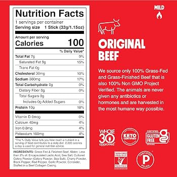 Chomps Grass-Fed and Finished Original Beef Jerky Snack Sticks 10-Pack - Keto, Paleo, Whole30, 10... | Amazon (US)