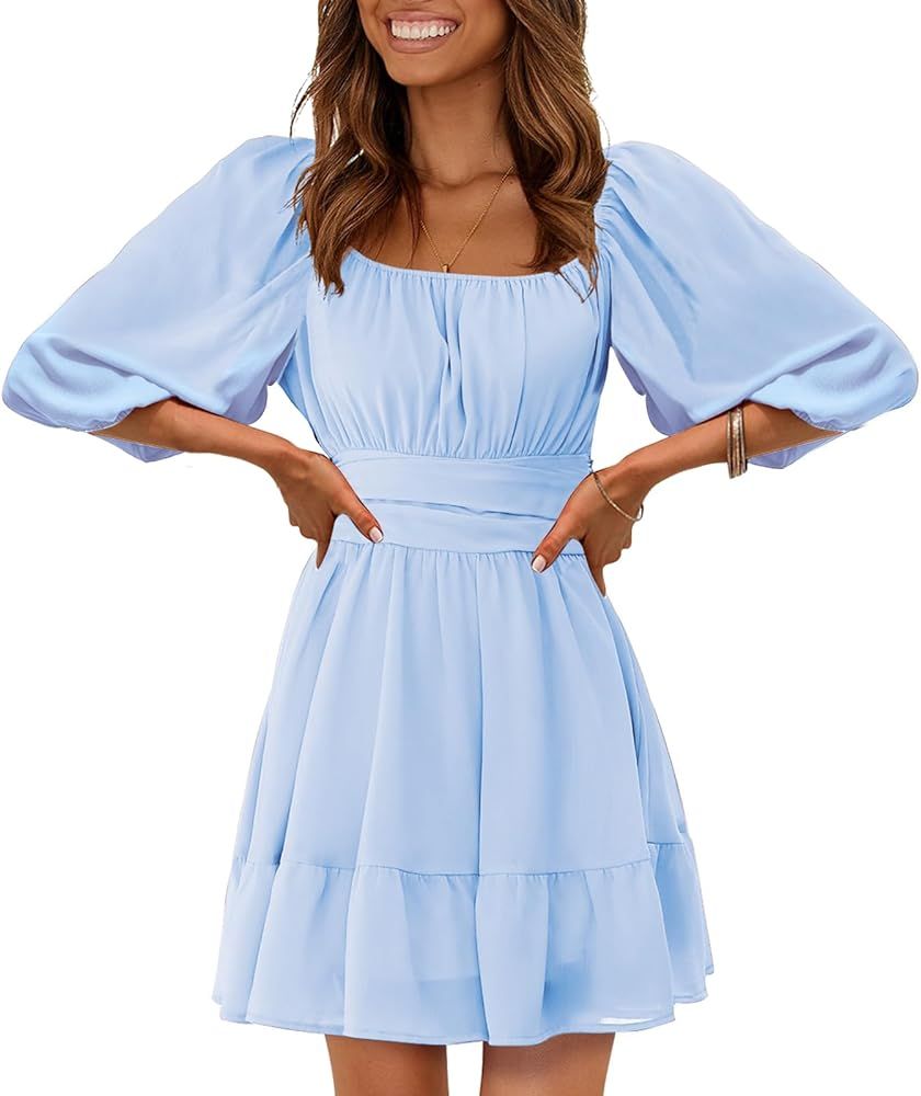EXLURA Women's 2024 Lantern Sleeve Tie Back Casual Dresses Ruffled Off Shoulder A-Line Vintage Mi... | Amazon (US)