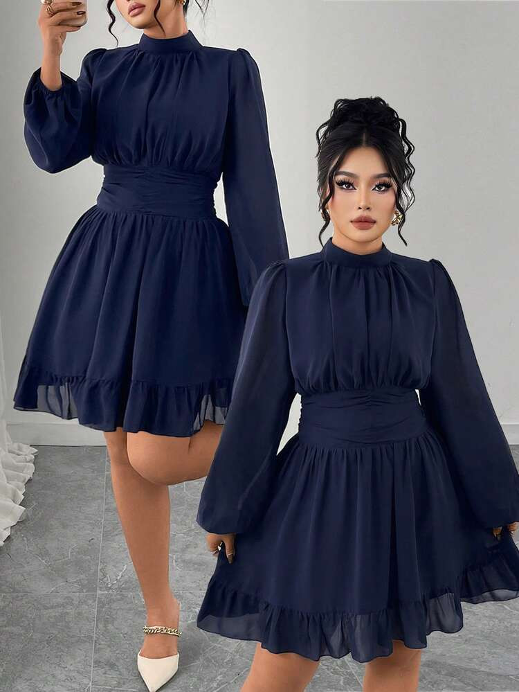 Elenzga Plus Size Women Elegant Party Navy Blue Stand Collar Ruffle Flounce Decor Long Sleeve Fit... | SHEIN