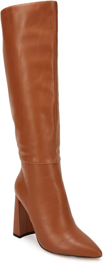 Juliet Holy Womens Pointed Toe Knee-high Boot Wide Calf Chunky Block Side Zipper Go-go Boots | Amazon (US)