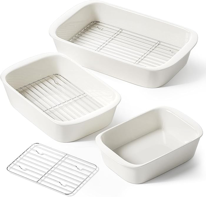 LE TAUCI Deep Casserole Dishes for Oven, 13.7”x9.6” Ceramic Baking Dish Set with Roasting Rac... | Amazon (US)