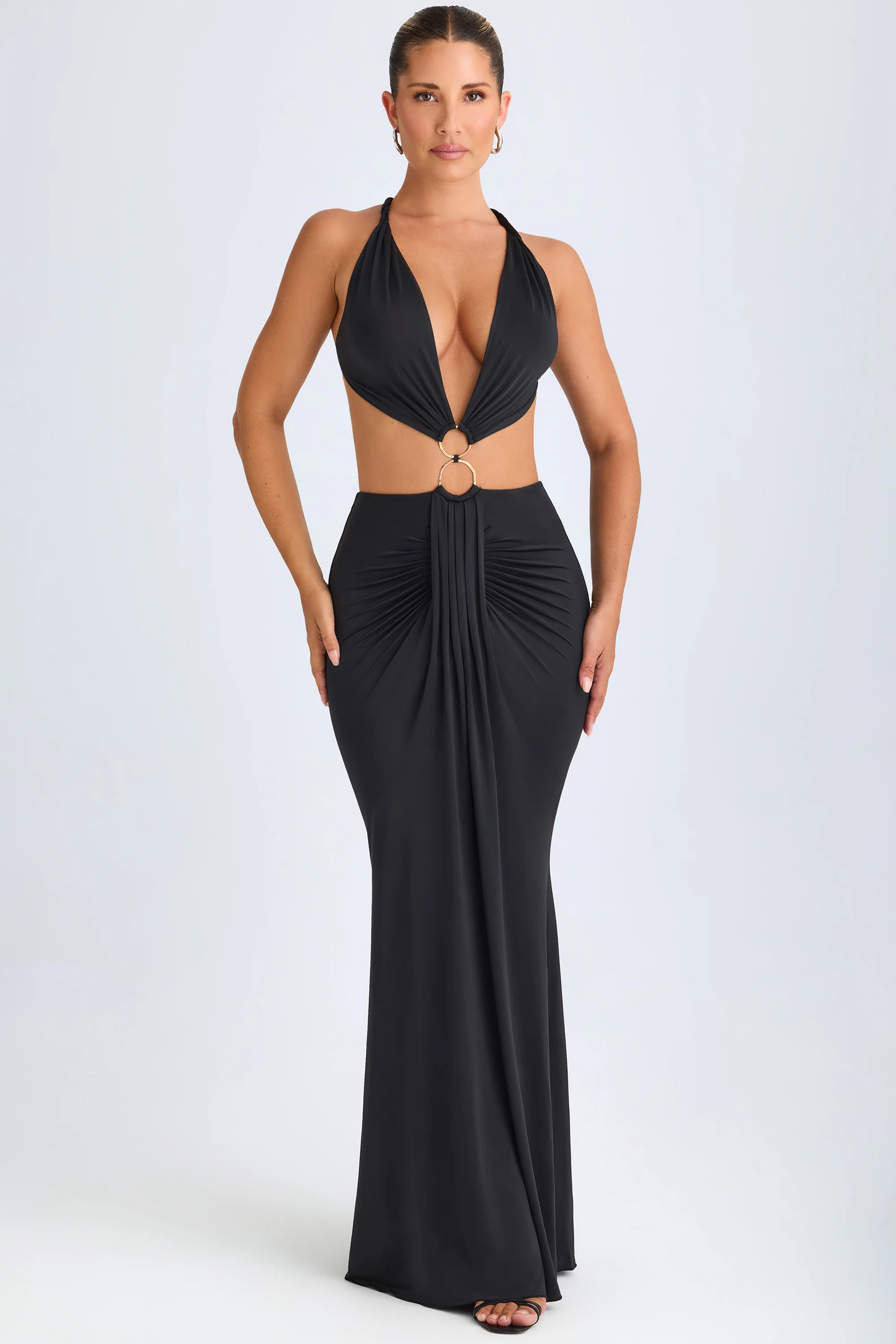 Hardware Detail Cut-Out Halterneck Maxi Dress in Black | Oh Polly