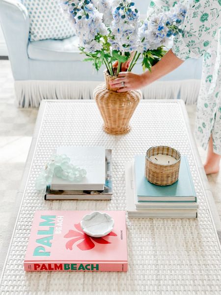 Spring coffee table looks, wicker coffee table, Palm Beach book, faux flowers, coastal, coastal style, traditional style, spring style, spring interiors, spring decor, coffee table decor