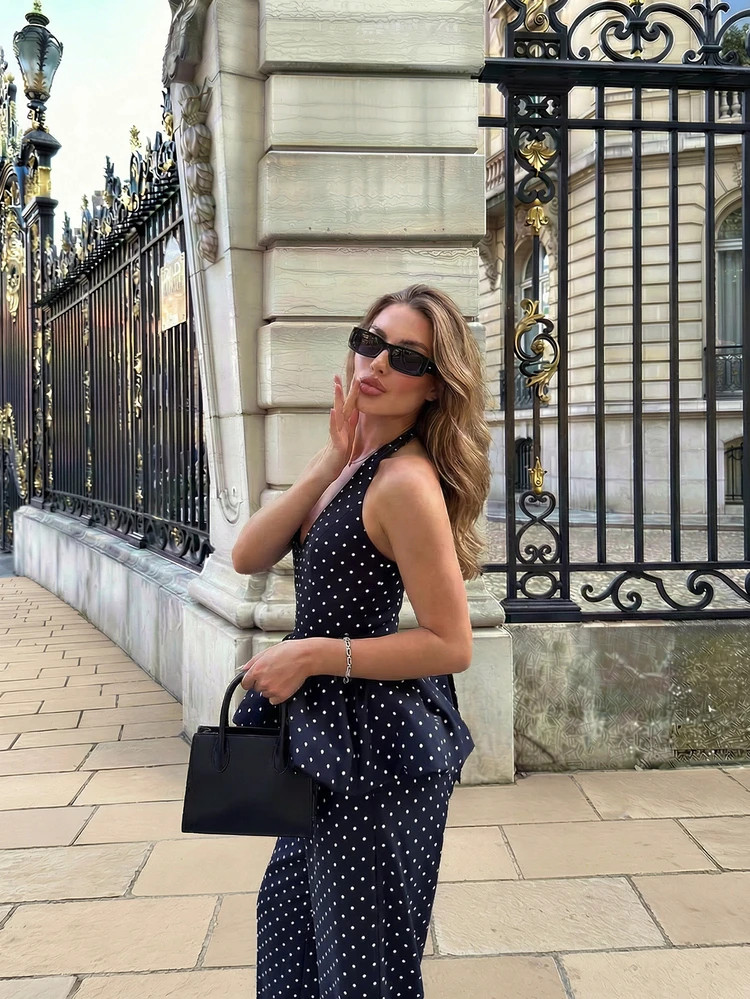 Women's Elegant Casual Navy Blue Polka Dot Camisole & Wide Leg Shorts 2-Piece Set, Suitable For P... | SHEIN