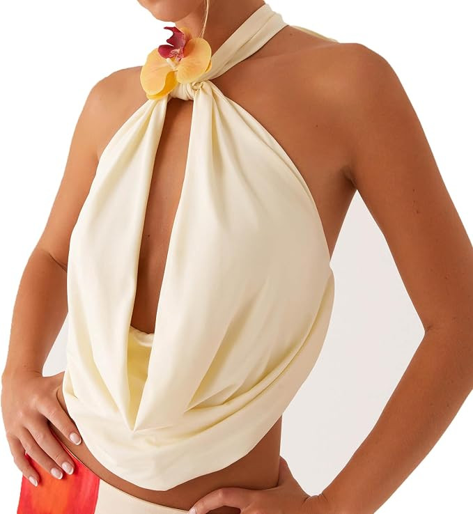 HOXIJIA Women Cowl Neck Halter Top Front Draped Y2K 3D Flower Tank Top Fairy Grunge Solid Color B... | Amazon (US)