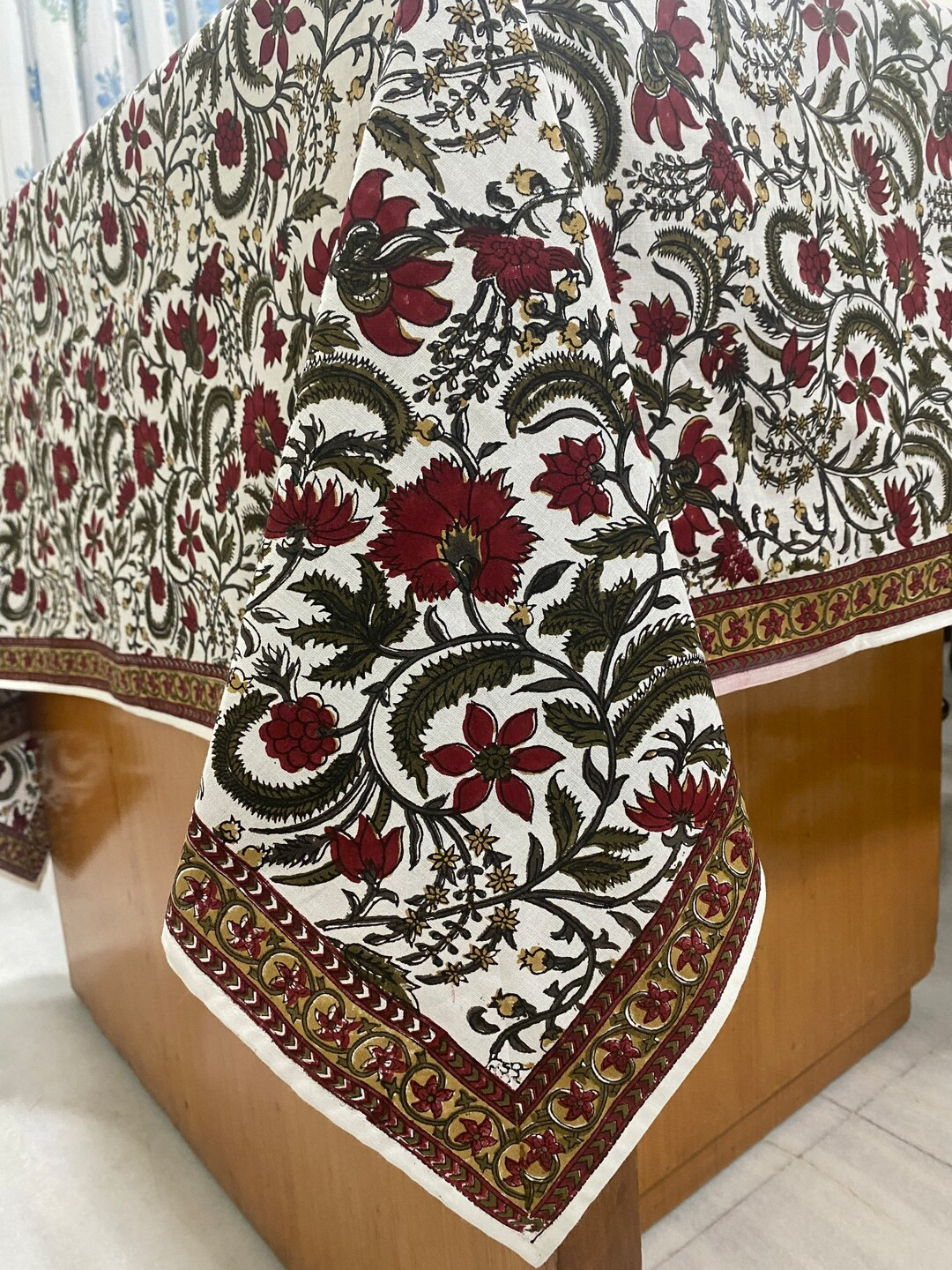 Prune Red and Army Green Colour Floral Border Design Hand Block Print Cotton Cloth Tablecloth, Fr... | Etsy (US)