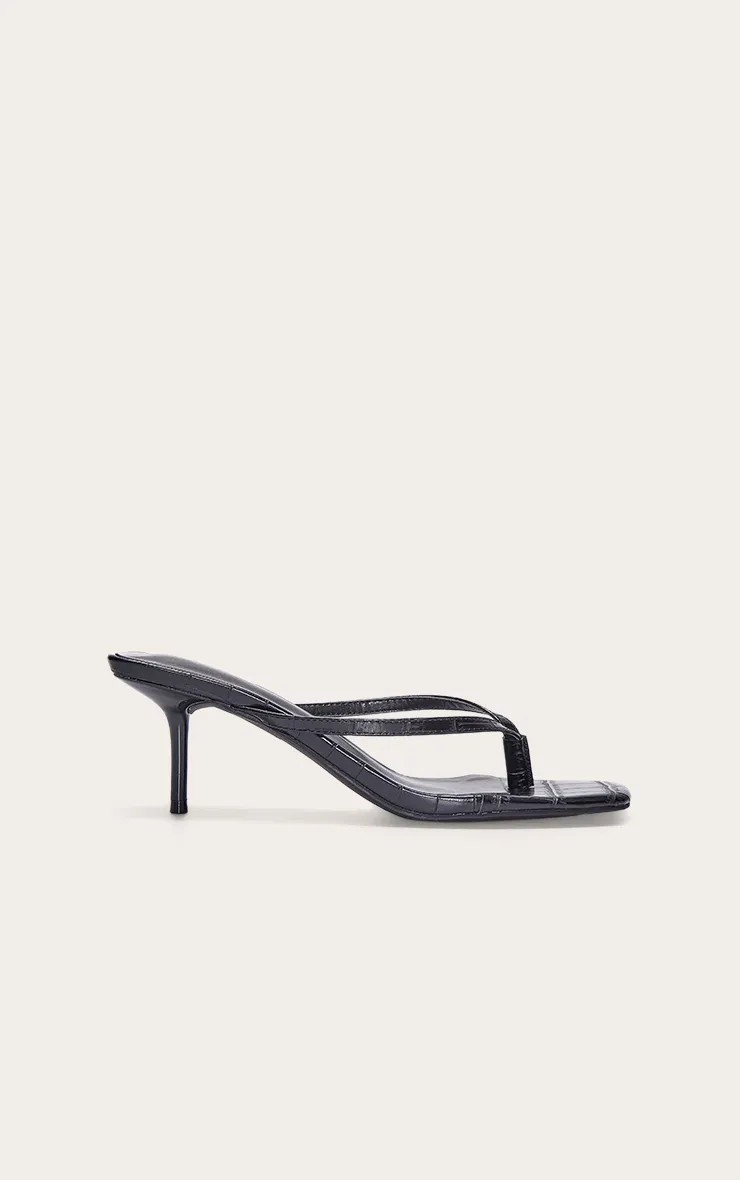 Black Croc Pu Square Toe Thong Mid Heeled Mules | PrettyLittleThing | PrettyLittleThing UK