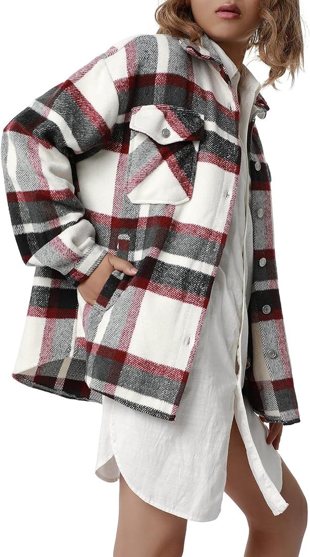 Womens Plaid shacket Jacket thick oversize Button down long sleeve Shirt Blouse Wool Blend Winter Wa | Amazon (US)