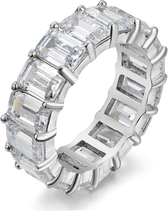 Women's .925 Sterling Silver 4x6mm Emerald Cut Eternity Ring | Amazon (US)