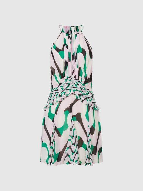 Reiss Green/Pink Belle Printed Halter Mini Dress | Reiss (UK)