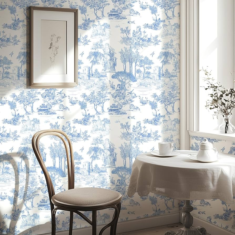 WENMER Toile Wallpaper, 17.7" X 118" Blue and White Peel and Stick Wall Paper, Toile de Jouy Wall... | Amazon (US)