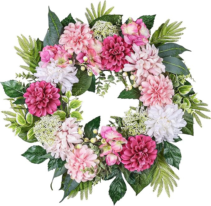 24-Inch Spring Wreath for Front Door with Hydrangeas Dahlias Daisy Silk Flowers and Berry Greener... | Amazon (US)