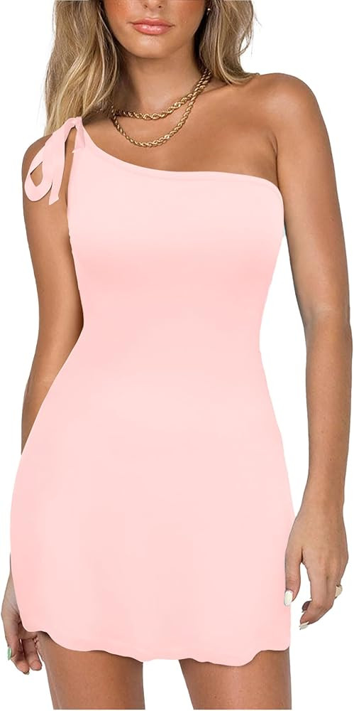 Women's Tie One Shoulder Spaghetti Strap Mini Dress Boat Neck Cocktail Short Dresses | Amazon (US)
