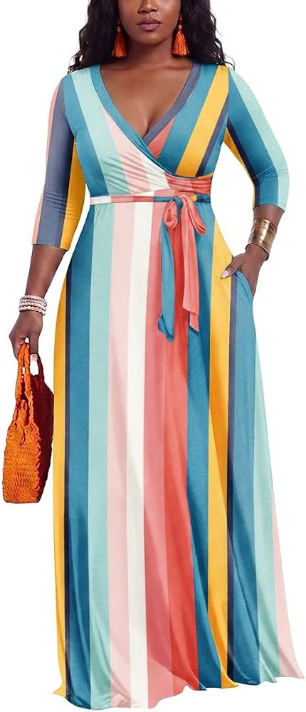 PerZeal Women\u2019s 3/4 Sleeve V-Neck Printed Maxi Dress Summer Beach Vacation Dress with Belt -... | Amazon (US)