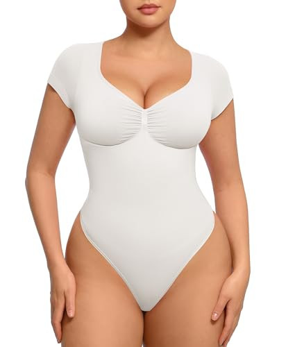FeelinGirl Shapewear for Women Tummy Control White Short Sleeve V Neck Women's Top Plus Size Bodysuits Creamy White 3XL | Amazon (US)