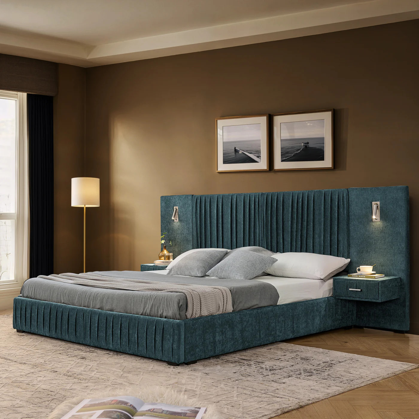 Streamdale Queen Size Chenille Upholstered Bed Frame with Pleated Design - Blue-Green | Shop Simon