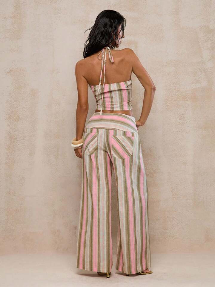 Glamine Women's Multi-Color Stripe Woven Linen Texture Sleeveless Halter Neck And Low Waist Pants... | SHEIN