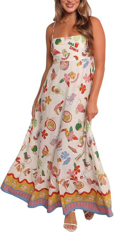 Women Spaghetti Strap Maxi Dress Colorful A Line Swing Long Smocked Picnic Dress Boho Beach Vacat... | Amazon (US)