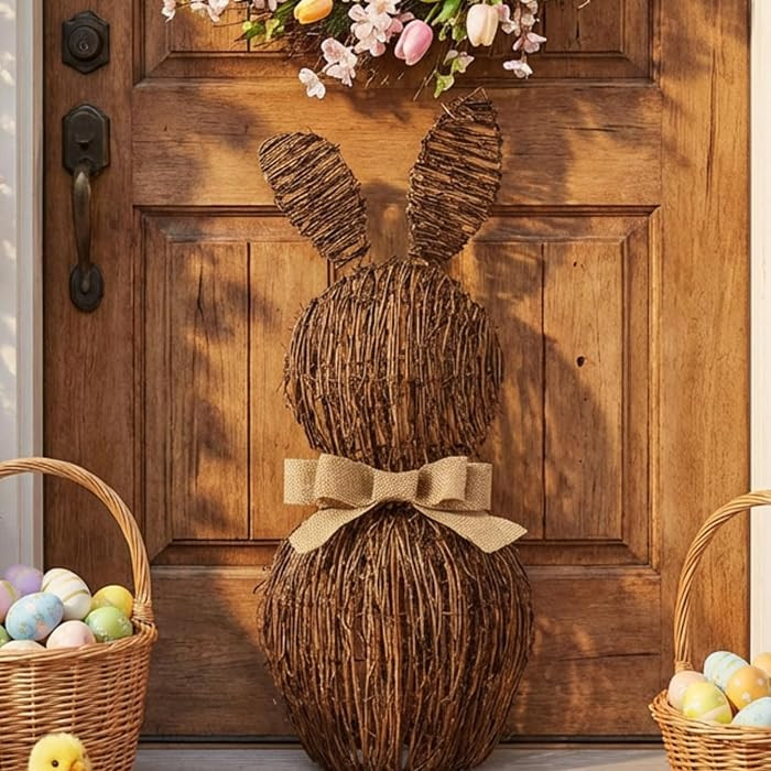 Rattan Bunny with Bow Rustic Easter Decor 24" Table Wicker Bunny Easter Decorations Spring Bunnie... | Amazon (US)