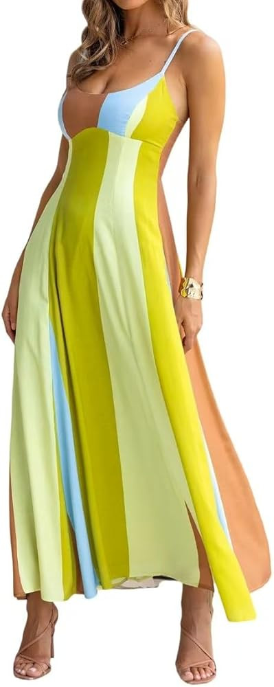 Women's Boho Print Dress Sleeveless Backless Halter High Waist A Line Beach Vacation Long Dress | Amazon (US)