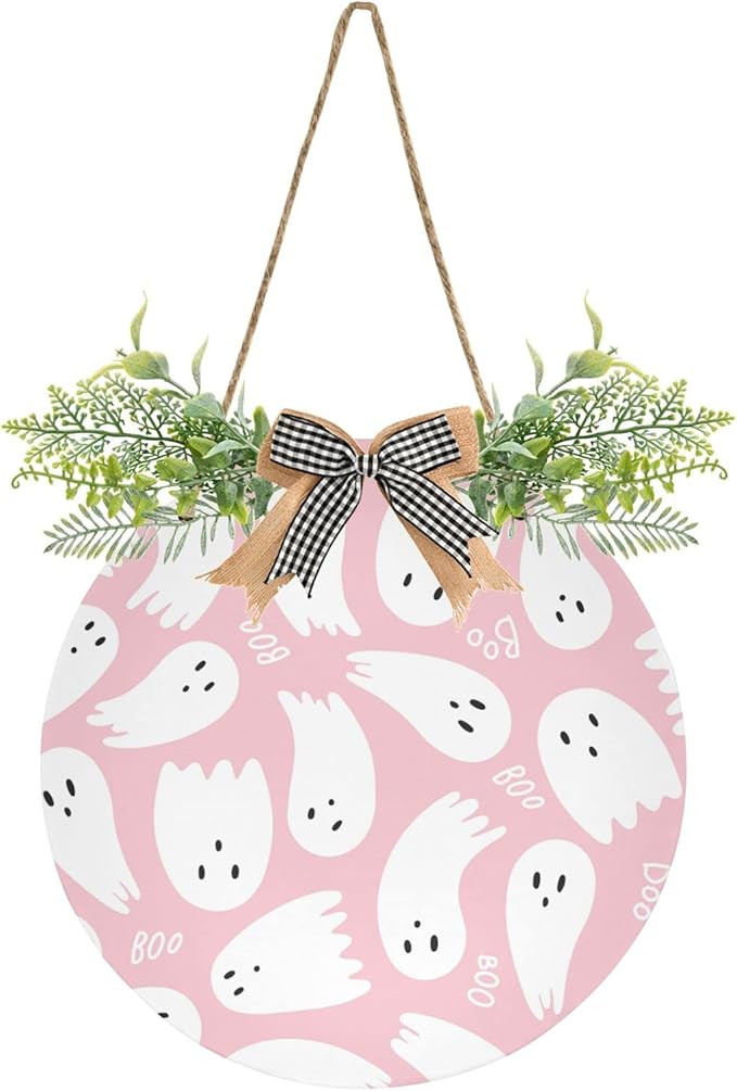 Cute Halloween Ghost Welcome Sign for Front Door Boo Pink Round Hanging Door Sign Wreath Rustic W... | Amazon (US)