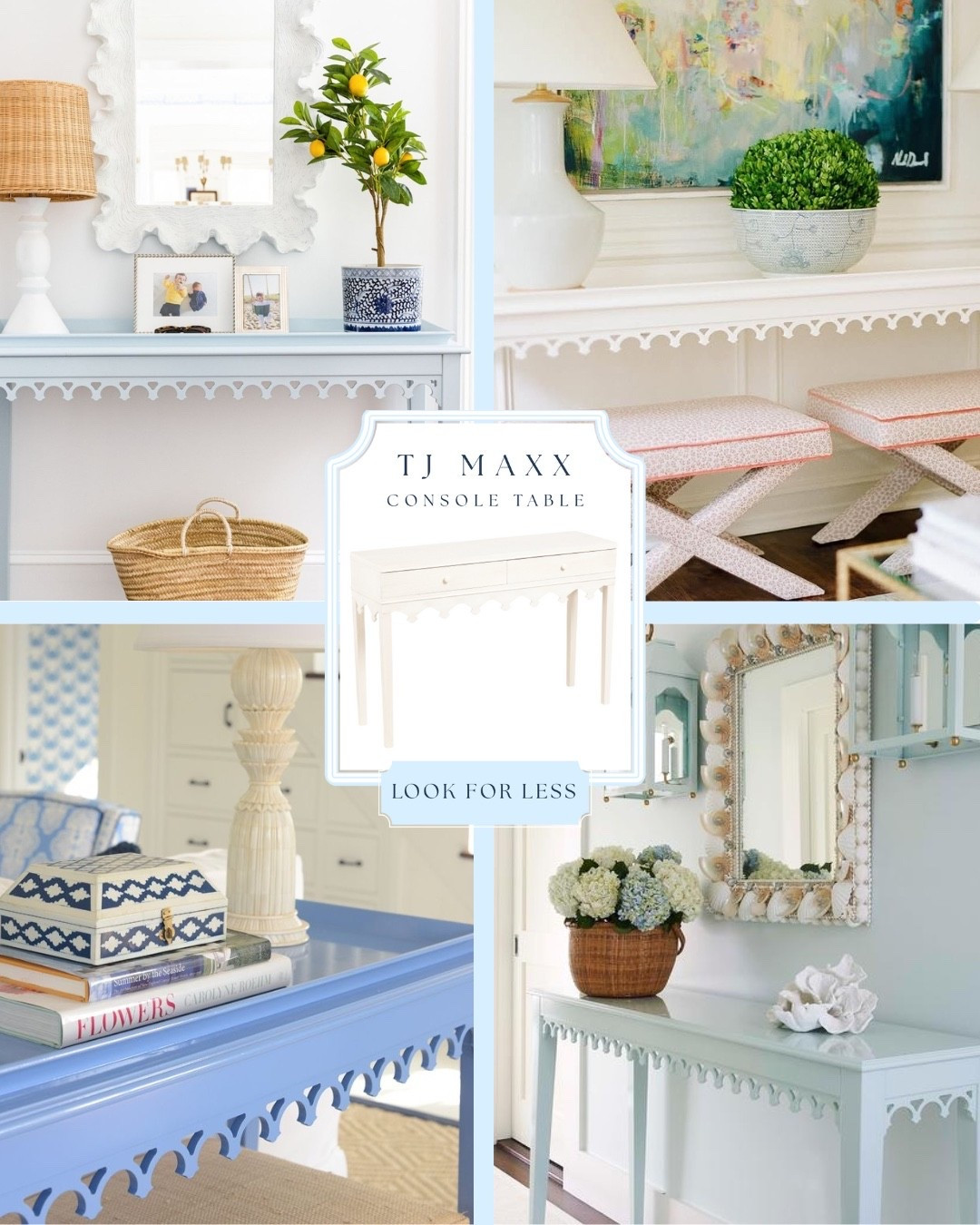 Another amazing look for less from TJ Maxx! This style closely resembles the Newport custom console table from Oomph that is thousands of dollars. If that’s not in your budget - here is a great option to get the same look and inspiration or ways to style in a classic coastal home!

#LTKStyleTip #LTKHome