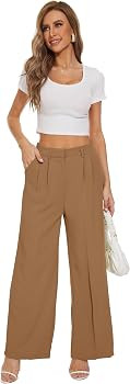 FUNYYZO Wide Leg Pants Women's High Elastic Waisted in The Back Business Work Trousers Long Strai... | Amazon (US)