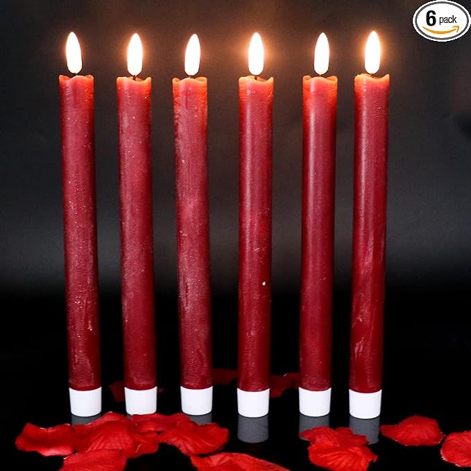 Wondise Flameless Taper Candles with Timer, 6 Pack Battery Operated LED Flickering Real Wax Burgu... | Amazon (US)