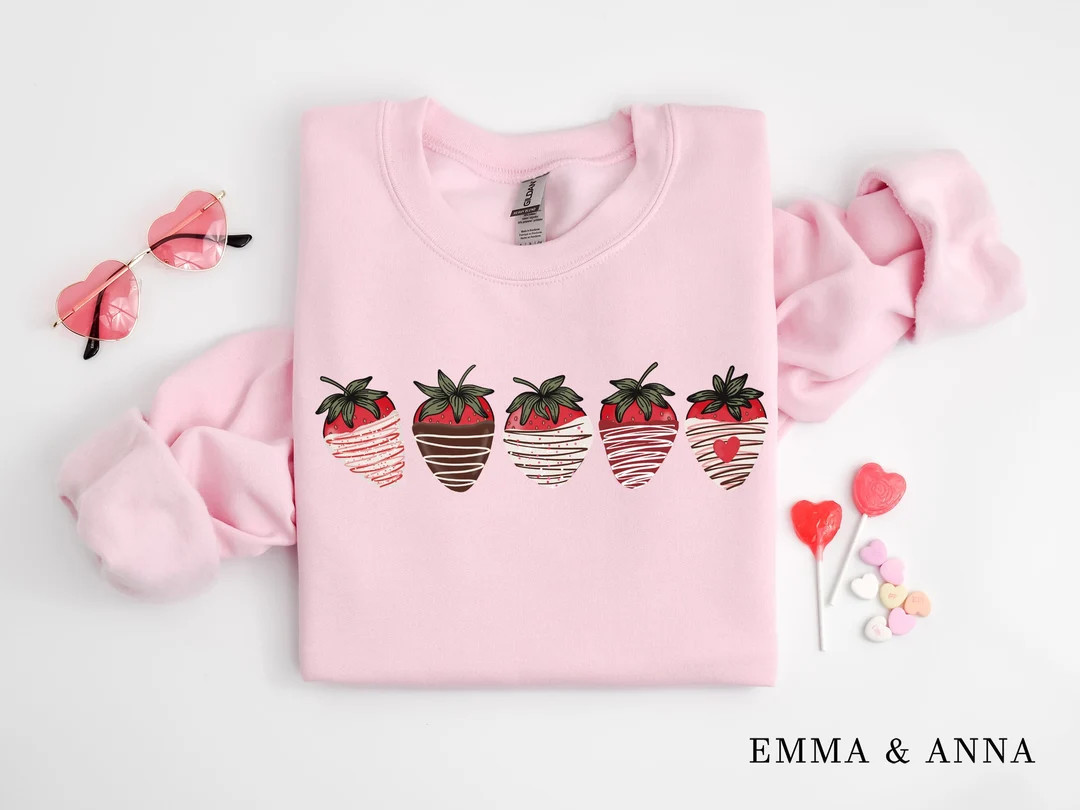 Valentines Day Sweatshirt, Strawberry Sweater, Chocolate Covered Strawberries Sweatshirt, Womens ... | Etsy (US)