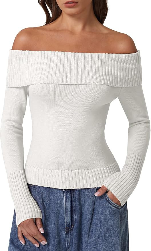QINSEN Cotton Off The Shoulder Sweater for Women Long Sleeve Ribbed Knit Pullover Sweater Slim Fi... | Amazon (US)